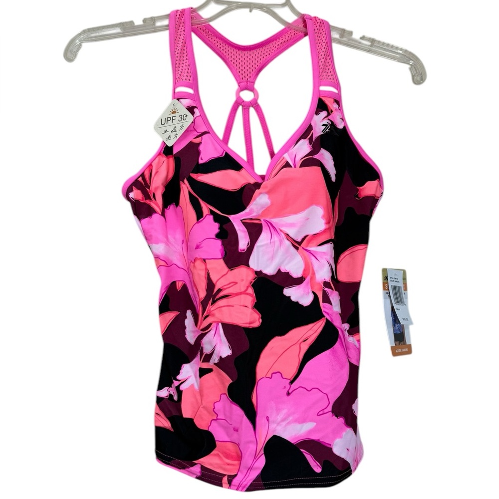 NWT ZeroXposure tropical print pink strappy racerback tankini top size small